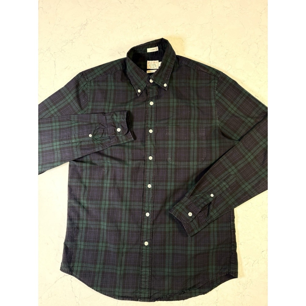 J Crew Slim Untucked Secret Wash Mens Shirt Tartan Plaid Blue Green Long Slv S